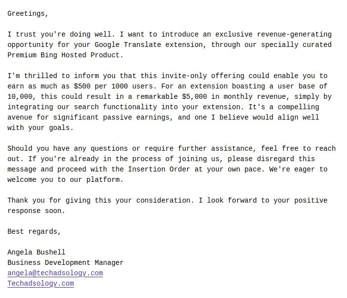 I trust you're doing well. I want to introduce an exclusive revenue-generating opportunity for your Google Translate extension, through our specially curated Premium Bing Hosted Product